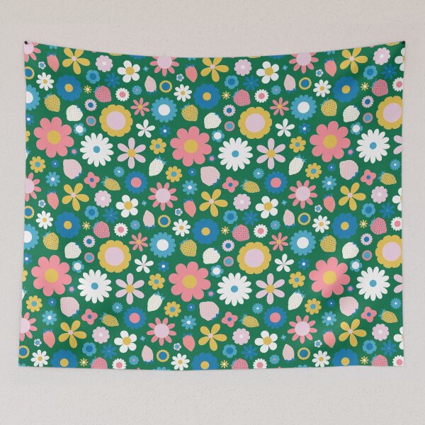 Item preview, Retro Scandi Strawberry Floral in Green Pink Blue and Yellow designed and sold by YesterdayColl.