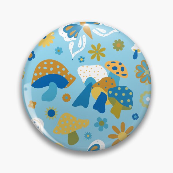 Item preview, Vintage Mushroom Butterfly Floral in Blue Green Yellow and White designed and sold by YesterdayColl.