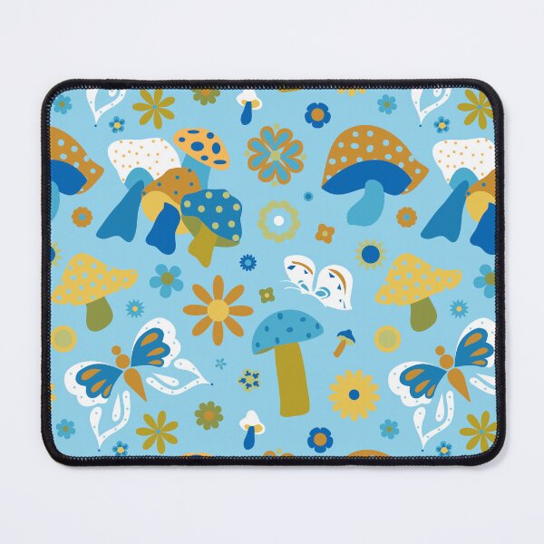Item preview, Vintage Mushroom Butterfly Floral in Blue Green Yellow and White designed and sold by YesterdayColl.