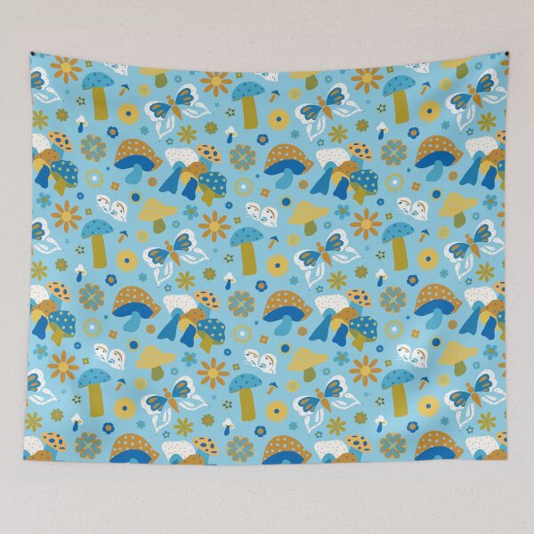 Item preview, Vintage Mushroom Butterfly Floral in Blue Green Yellow and White designed and sold by YesterdayColl.