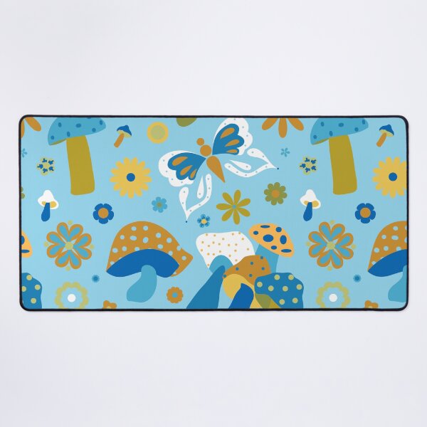 Item preview, Vintage Mushroom Butterfly Floral in Blue Green Yellow and White designed and sold by YesterdayColl.