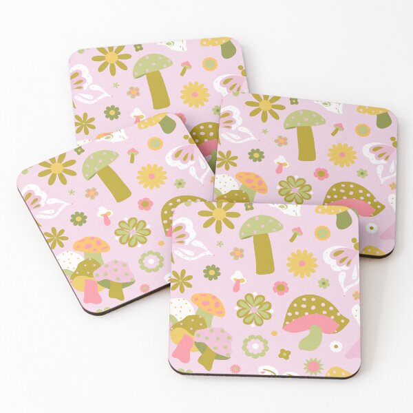 Item preview, Vintage Mushroom Butterfly Floral in Pink Green Yellow and White designed and sold by YesterdayColl.