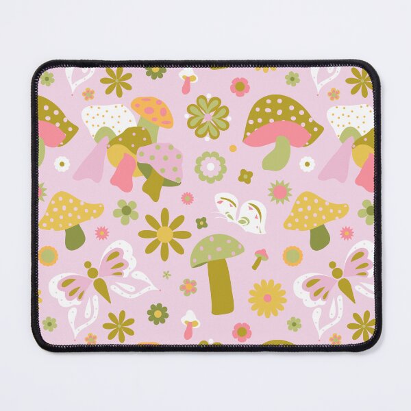 Item preview, Vintage Mushroom Butterfly Floral in Pink Green Yellow and White designed and sold by YesterdayColl.