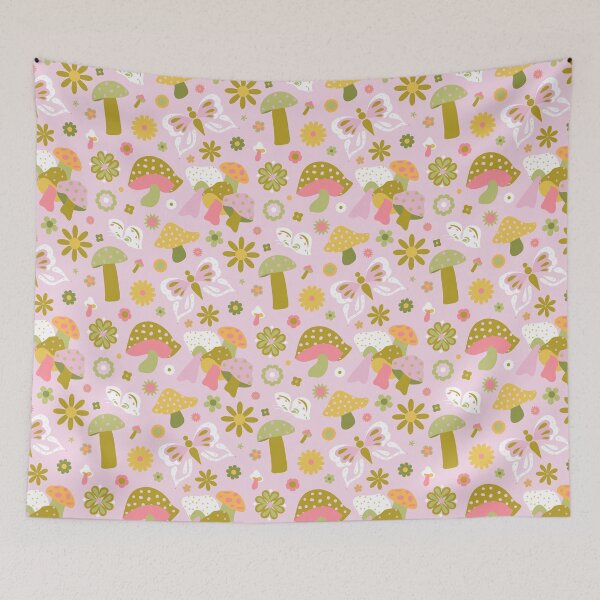 Item preview, Vintage Mushroom Butterfly Floral in Pink Green Yellow and White designed and sold by YesterdayColl.