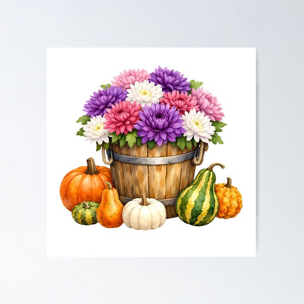 Item preview, Acuarela de crisantemos, calabazas y calabacines otoñales. designed and sold by silviaol.