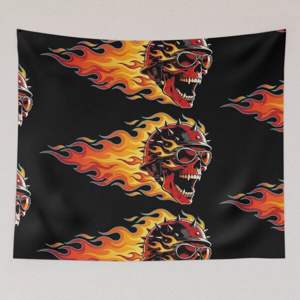 Item preview, Flaming Biker Skull wearing Spiked Helmet designed and sold by Skulls & Calaveras.