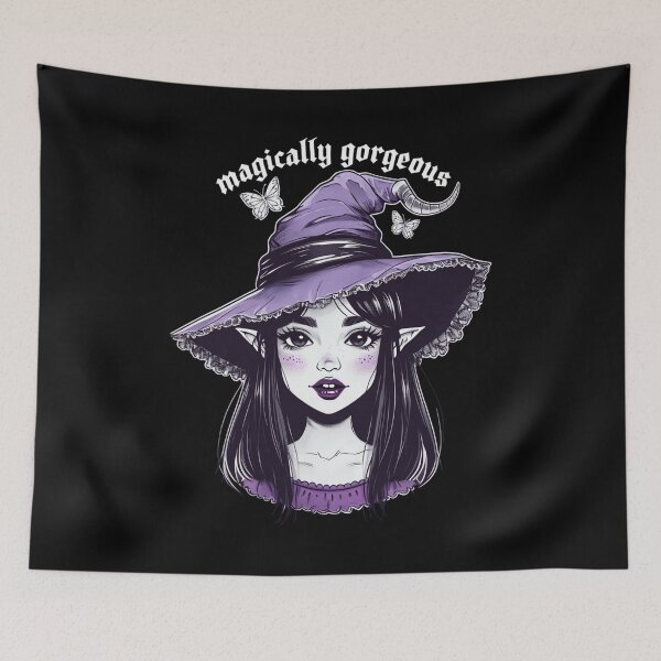 Item preview, Magically Gorgeous Witch – Cute Gothic Elf Witch Girl in Purple Lace Hat with Butterflies, Pastel Goth Halloween designed and sold by FestivityFinds.
