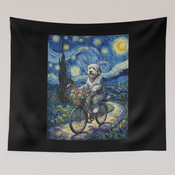 Item preview, Old English Sheepdog Biking Bike Starry Night Van Gogh Art Dog Lover designed and sold by dian-rody-crest.
