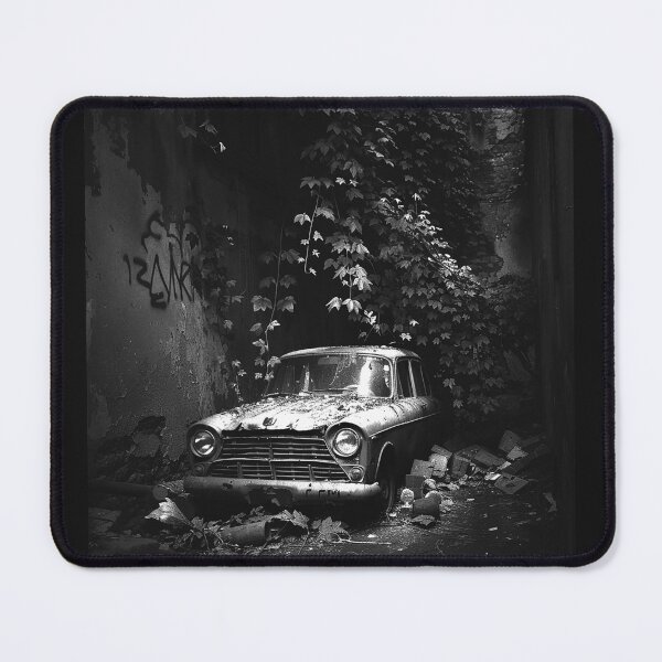 Item preview, Abandoned Vintage Car in Urban Ruins Dark Decay Black and White Art designed and sold by inkoutninja.