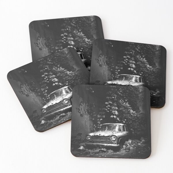 Item preview, Abandoned Vintage Car in Urban Ruins Dark Decay Black and White Art designed and sold by inkoutninja.