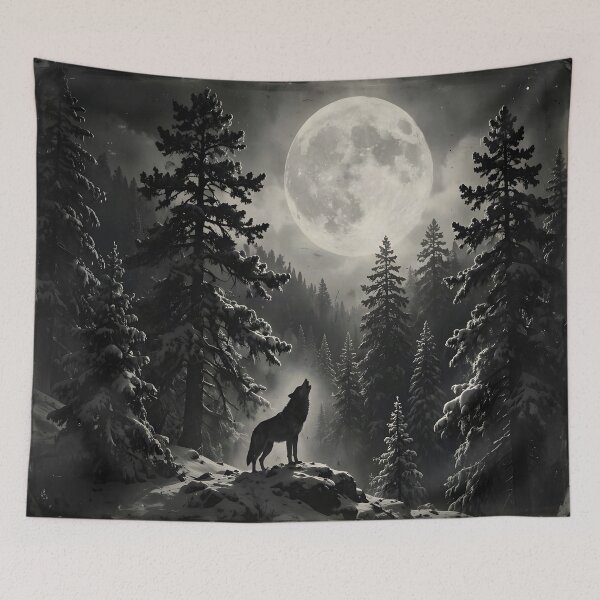 Item preview, Call of the Winter Moon – Lone Wolf in the Mountains designed and sold by DreamyWallVibes.
