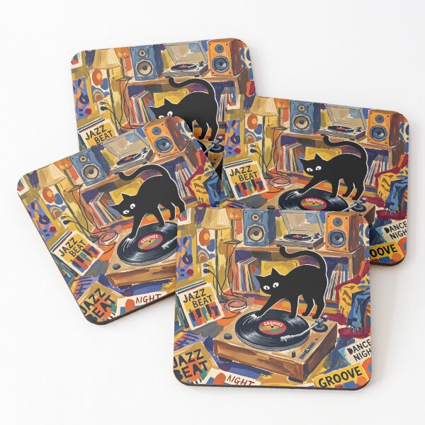 Item preview, DJ Black Cat Scratching Vinyl Record Matisse Style Art Print designed and sold by DuckOddity.