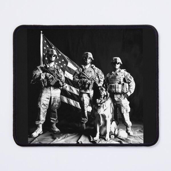 Item preview, American Soldiers with Military Working Dog Patriotic Flag Tribute Black and White Art designed and sold by inkoutninja.
