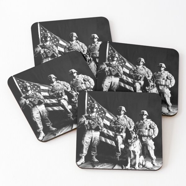 Item preview, American Soldiers with Military Working Dog Patriotic Flag Tribute Black and White Art designed and sold by inkoutninja.