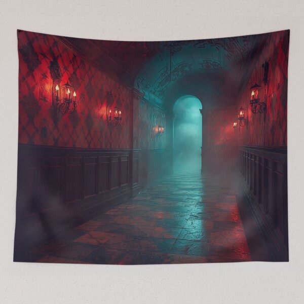 Item preview, Gothic Haunted Manor Hallway Crimson Sconces Foggy Teal Archway designed and sold by Uniquely Yours.