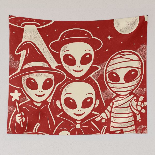 Item preview, Spooktacular Night – Cute Retro Halloween Aliens in Costume with UFO, Moon and Pumpkins Vintage Sci-Fi designed and sold by FestivityFinds.