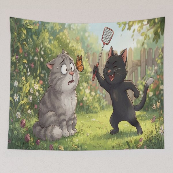 Item preview, Funny Cat Sneaking Up With Flyswatter Parody Art Print designed and sold by AfresStudio.