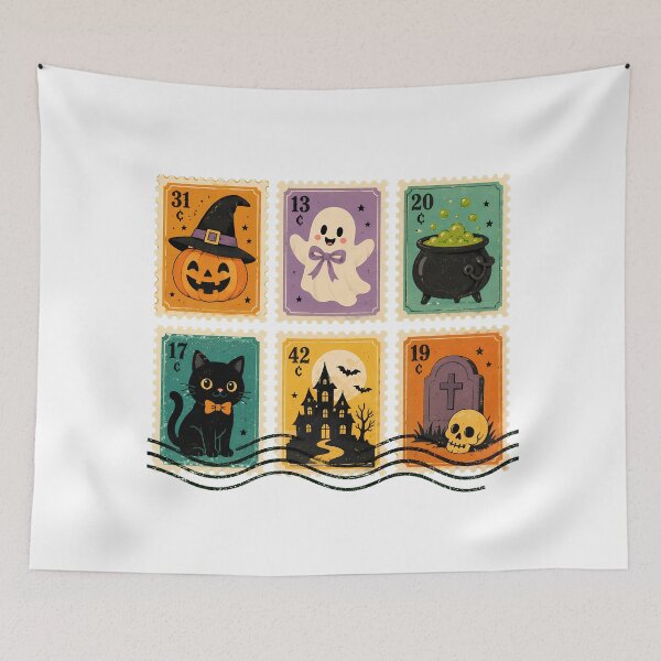 Item preview, Spooky Halloween Postage Stamps Autumn Ghost Cat designed and sold by chattsuede.