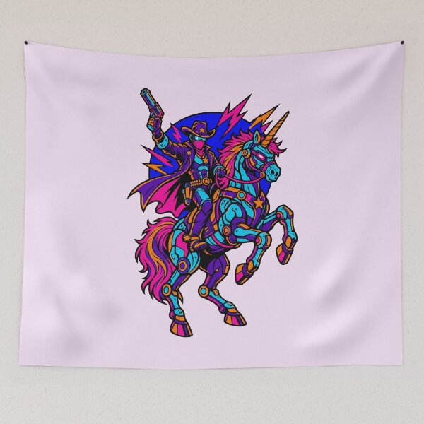 Item preview, Cyberpunk Cowboy Riding Robot Unicorn Neon Synthwave designed and sold by KungPowUnicorn.