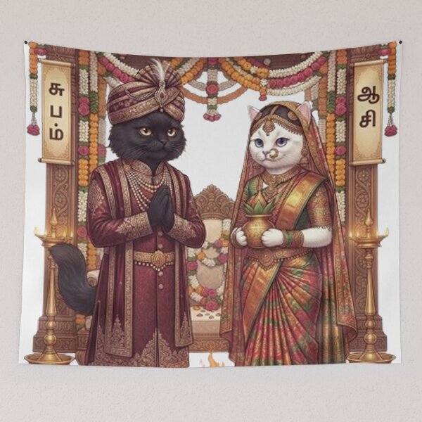 Item preview, Traditional Tamil Cat Wedding Aesthetic | Cute South Indian Feline Marriage Art designed and sold by PetalsPaws.