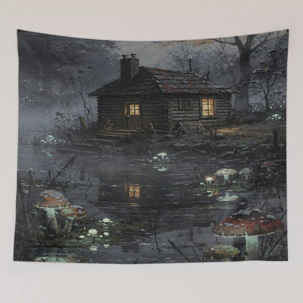 Item preview, Enchanted Woodland Cabin at Twilight | Dark Cottagecore Mushroom Forest Art designed and sold by cr6zym1nd.