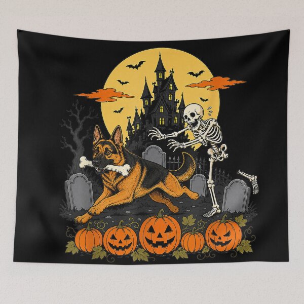 Item preview, German Shepherd Dog Stealing Bone from Skeleton Halloween designed and sold by RuperDelois.