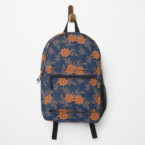 Item preview, Navy Blue Orange Cosmos Floral Pattern designed and sold by Zaya_art.