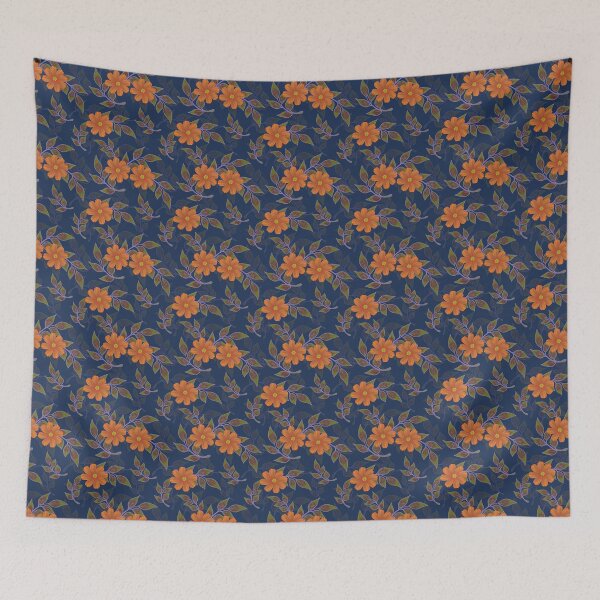 Item preview, Navy Blue Orange Cosmos Floral Pattern designed and sold by Zaya_art.