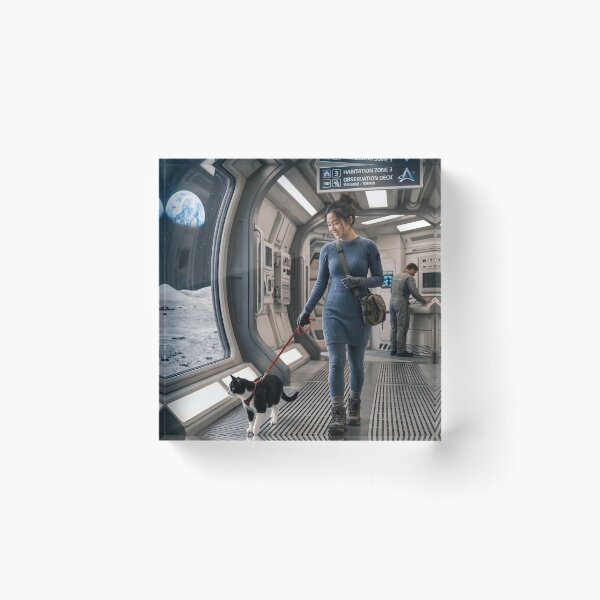 Item preview, Woman walking cat in moonbase designed and sold by WiseBow.