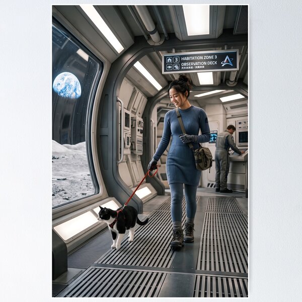 Item preview, Woman walking cat in moonbase designed and sold by WiseBow.