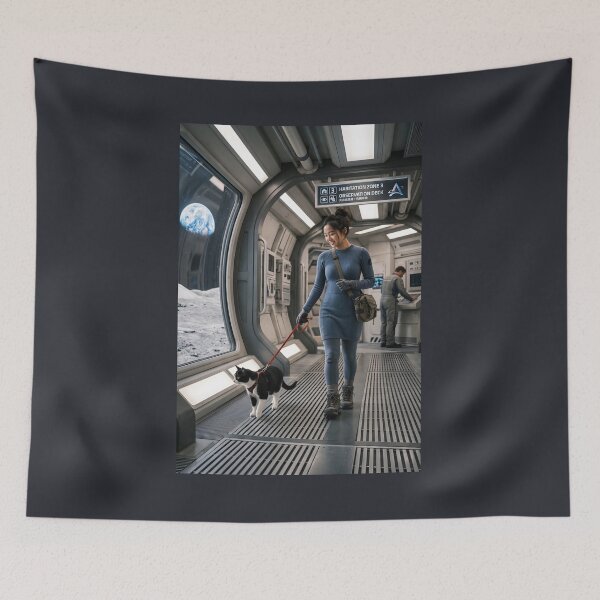 Item preview, Woman walking cat in moonbase designed and sold by WiseBow.