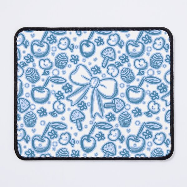 Item preview, Cute Hand Drawn blue Seamless Pattern with Ribbons, Cherries, Cupcakes, Mushrooms, and Flowers designed and sold by Manyart13031992.