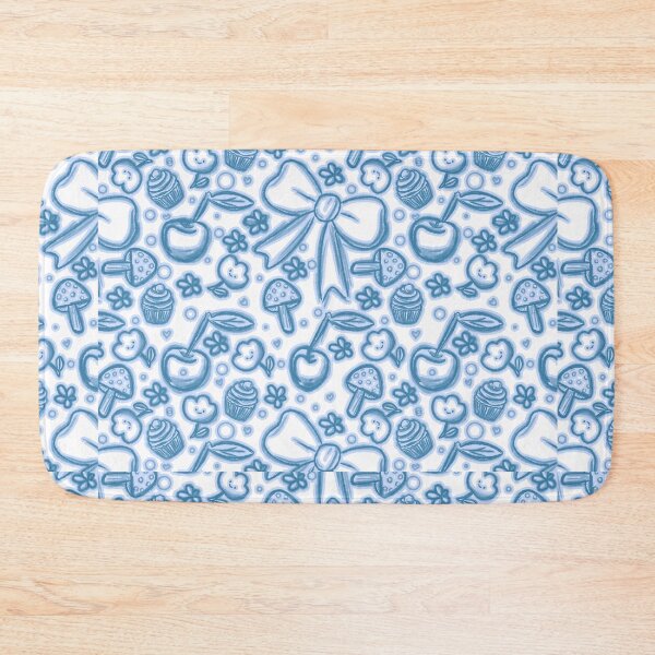 Item preview, Cute Hand Drawn blue Seamless Pattern with Ribbons, Cherries, Cupcakes, Mushrooms, and Flowers designed and sold by Manyart13031992.
