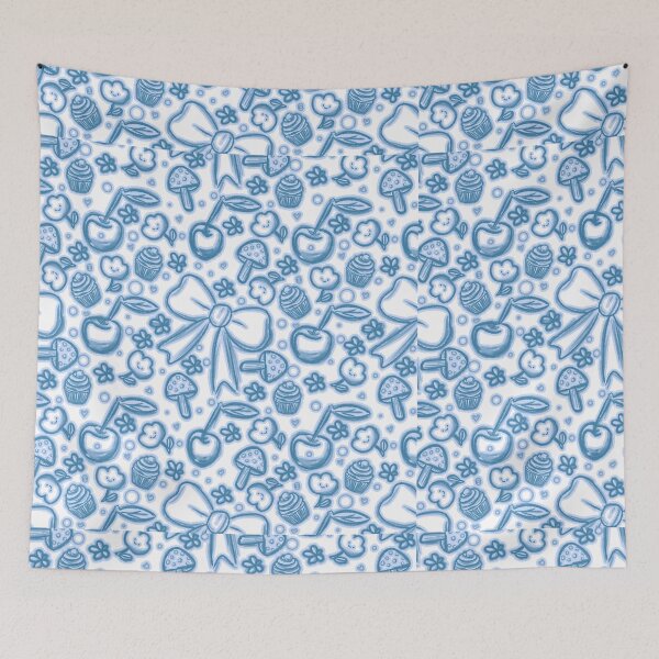 Item preview, Cute Hand Drawn blue Seamless Pattern with Ribbons, Cherries, Cupcakes, Mushrooms, and Flowers designed and sold by Manyart13031992.