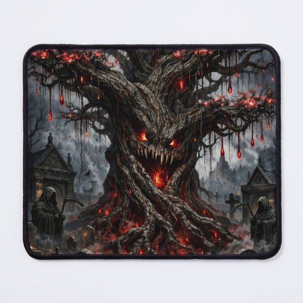 Item preview, Haunted Halloween Tree – Dark Gothic Tree in Cemetery with Glowing Red Flowers designed and sold by DrakariArt.