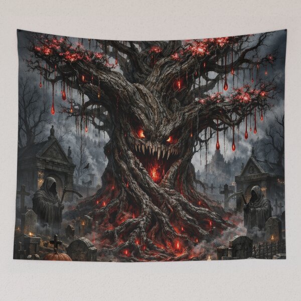 Item preview, Haunted Halloween Tree – Dark Gothic Tree in Cemetery with Glowing Red Flowers designed and sold by DrakariArt.