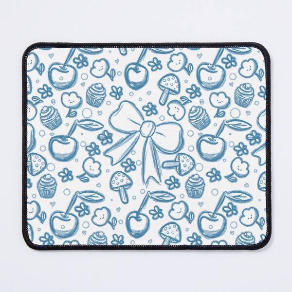 Item preview, Neon Blue Seamless Pattern with Ribbon Bows, Cherries, Cupcakes, and Mushrooms on Black Background designed and sold by Manyart13031992.