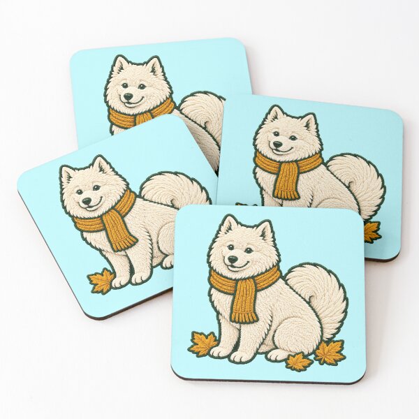 Item preview, Cozy Fall Samoyed with Autumn Leaves – Faux Chenille Dog Art designed and sold by Jaani-T.