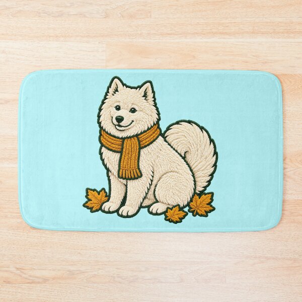 Item preview, Cozy Fall Samoyed with Autumn Leaves – Faux Chenille Dog Art designed and sold by Jaani-T.