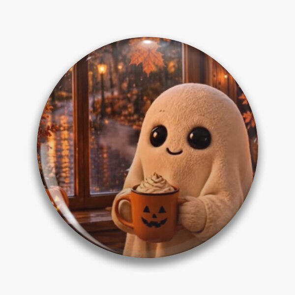 Item preview, Cozy Autumn Ghost with Coffee — Warm Pumpkin Spice Window Illustration designed and sold by LYAN-STORE.