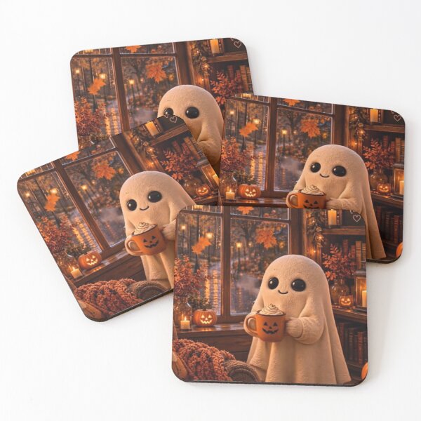 Item preview, Cozy Autumn Ghost with Coffee — Warm Pumpkin Spice Window Illustration designed and sold by LYAN-STORE.