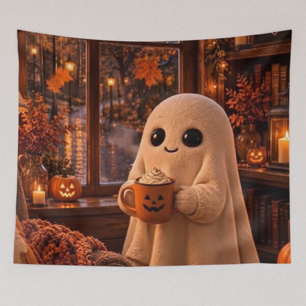 Item preview, Cozy Autumn Ghost with Coffee — Warm Pumpkin Spice Window Illustration designed and sold by LYAN-STORE.