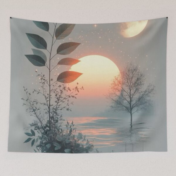 Item preview, Ethereal Botanical Sunset and Full Moon — Minimalist Serene Nature Art designed and sold by LYAN-STORE.