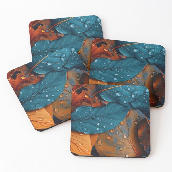 Item preview, Teal and Orange Autumn Leaves with Dew Drops — Rainy Fall Macro Nature Photography designed and sold by LYAN-STORE.