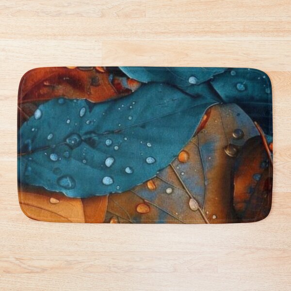 Item preview, Teal and Orange Autumn Leaves with Dew Drops — Rainy Fall Macro Nature Photography designed and sold by LYAN-STORE.