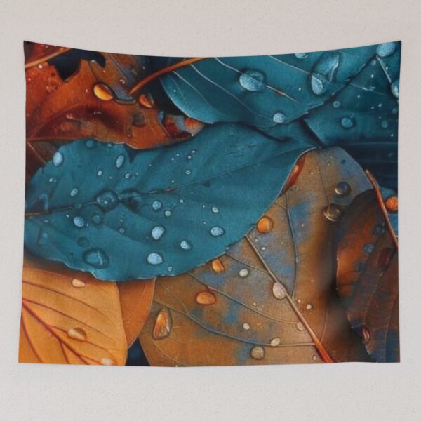 Item preview, Teal and Orange Autumn Leaves with Dew Drops — Rainy Fall Macro Nature Photography designed and sold by LYAN-STORE.