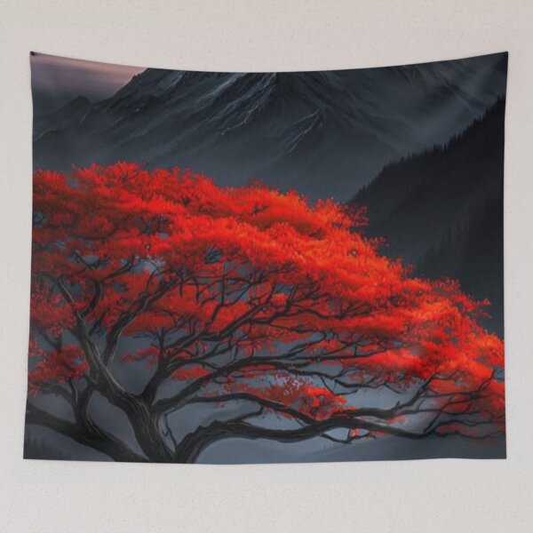 Item preview, Red Tree Monk Meditation — Dramatic Japanese Mountain Landscape Art designed and sold by LYAN-STORE.