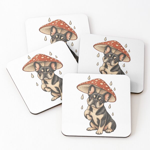 Item preview, French Bulldog Under a Mushroom Umbrella – Cottagecore Risograph Dog Art designed and sold by Jaani-T.