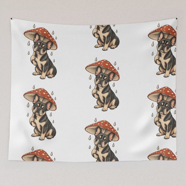 Item preview, French Bulldog Under a Mushroom Umbrella – Cottagecore Risograph Dog Art designed and sold by Jaani-T.