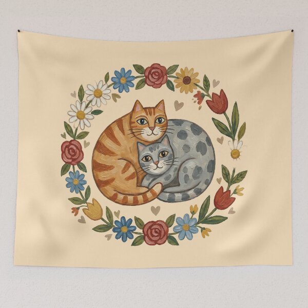 Item preview, Feline Matrimony: Folk Art Cats in Floral Wreath designed and sold by FreiherrPK.